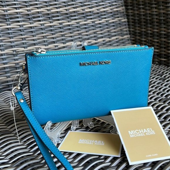 Michael Kors Large Double Zip Leather Wallet Wristlet Phone Case Lagoon - Picture 1 of 16